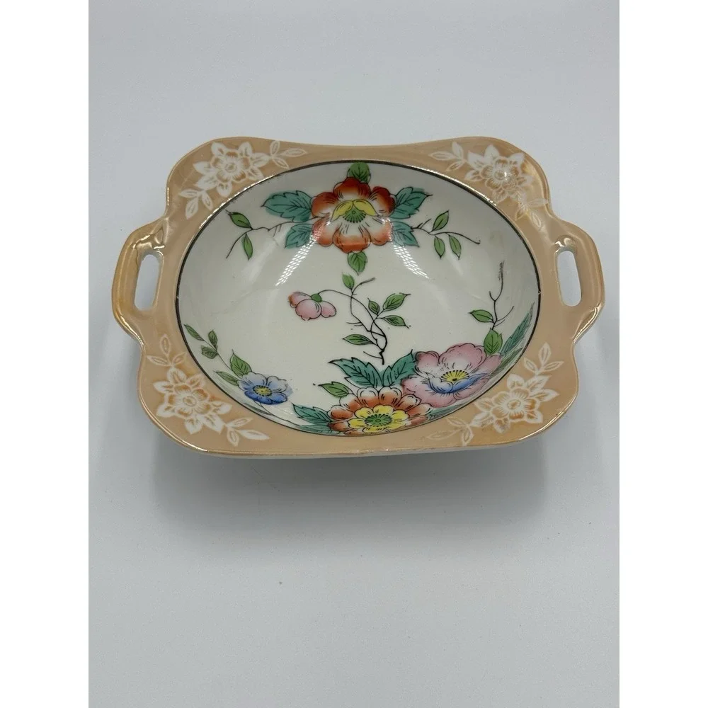 Vintage‎ Hand Painted Flowered Peach Lusterware Bowl Dish Made Japan 7.5